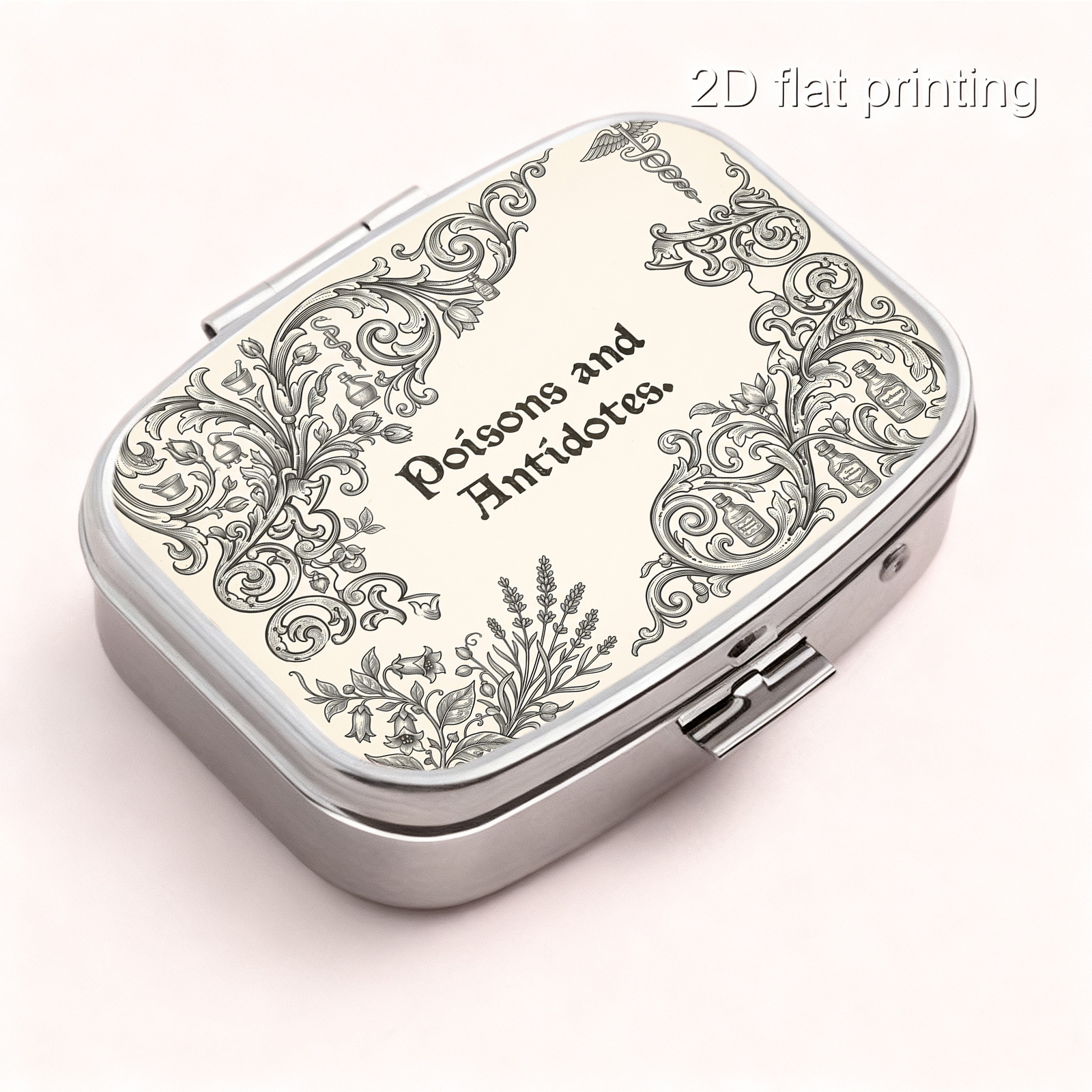 TEMU Single-piece 2d Flat-printed Portable Mini Dual-compartment Pill Case, Vintage Floral And Botanical Pattern Print, Travel Medicine Storage Box,
