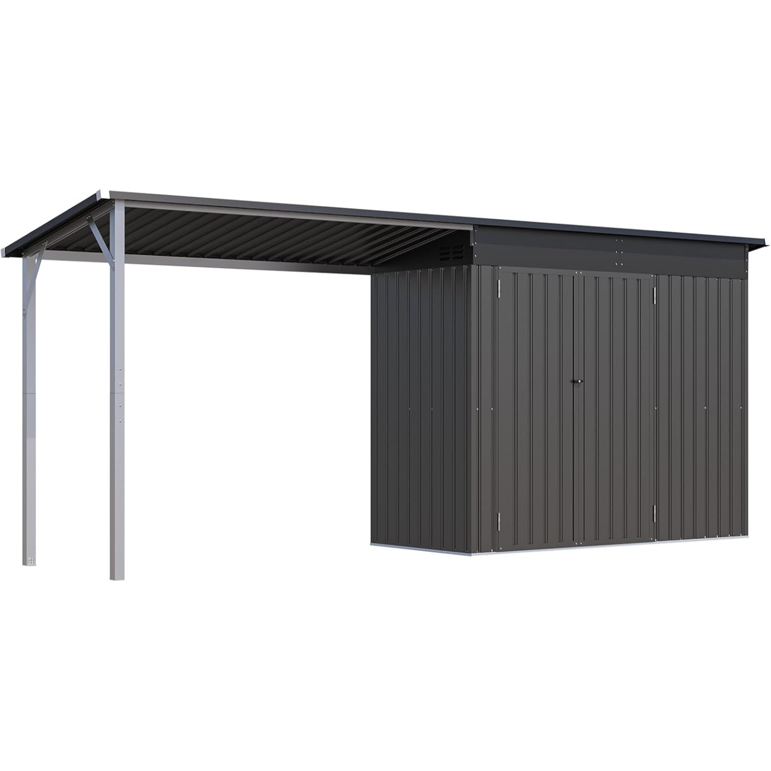 Removable And Temporary Metal Wall Storage Shed 426 X 132 X 185 Cm Tool Shed With Side-opening Canopy Roof - Outdoor Storage Shed Combined With Hard-top Gazebo Structure 5.2 Sq M Canopy Area