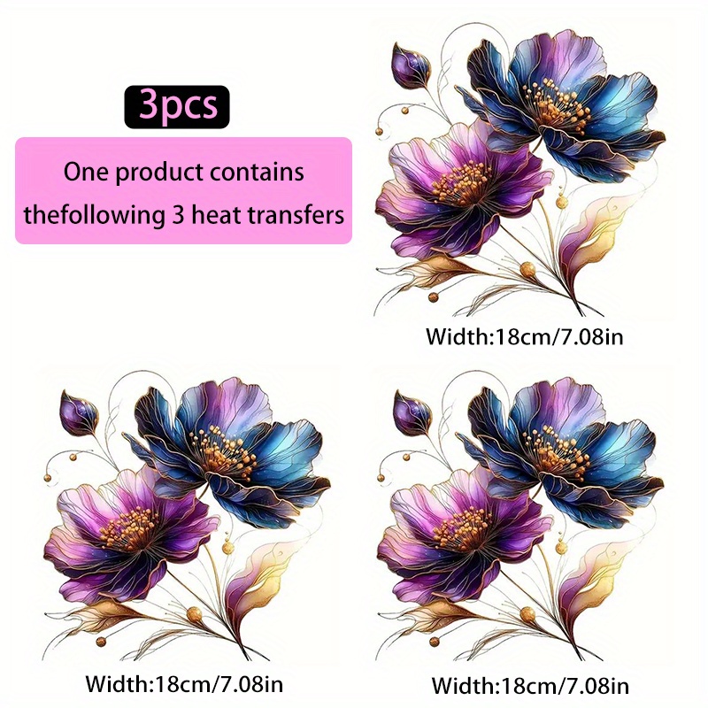 TEMU 3pcs. Floral Pattern Heat Transfer Stickers, Iron-on Appliques, T-shirt Heat Transfer Making, Pillow Decoration - Multicolor, Durable, Washable