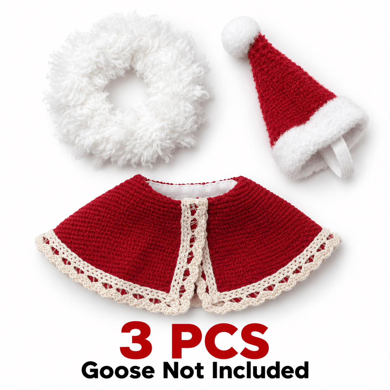 TEMU 3pcs For 7-inch Goose Statue Accessories - Red Knit Cape & Fluffy Collar/santa Hat With Lace Trim, Christmas Tabletop Decor Suitable For Home