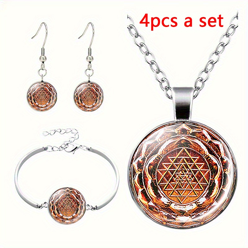 4pcs Vintage Sri Yantra Necklace and Earring Set, Gift for Her