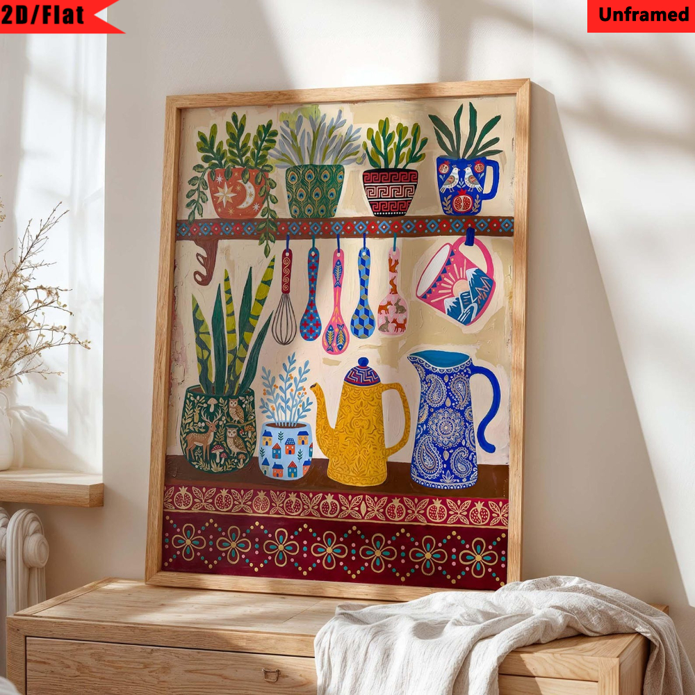TEMU 2d Flat, 2d/flat, 1pc, Unframed, Boho Kitchen Wall Decor, Colorful Mediterranean Maximalist Still Life Canvas Poster, Whimsical Plant And Teapot