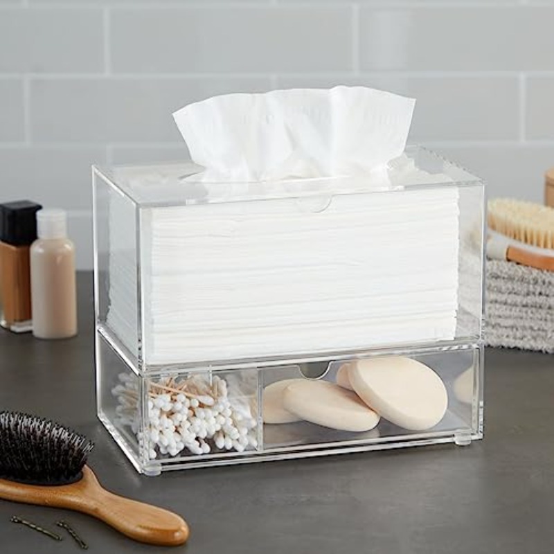 1  tissue box holder with 3-drawer organizer - heavy-duty modern rectangular dispenser with pull-out drawers, space-saving bathroom/vanity cabinet storage, fits standard tissues & caddy systems, 9.3” wide, 3-compartment drawer, dust-resistant & hygienic design, minimalist white frame & clear panels, multi-functional organizer for tissues, swabs, balls (1 unit), decorative tissue box holder, tissue holder bathroom, tissue box with storage, tissue box holder for car, Product details 1