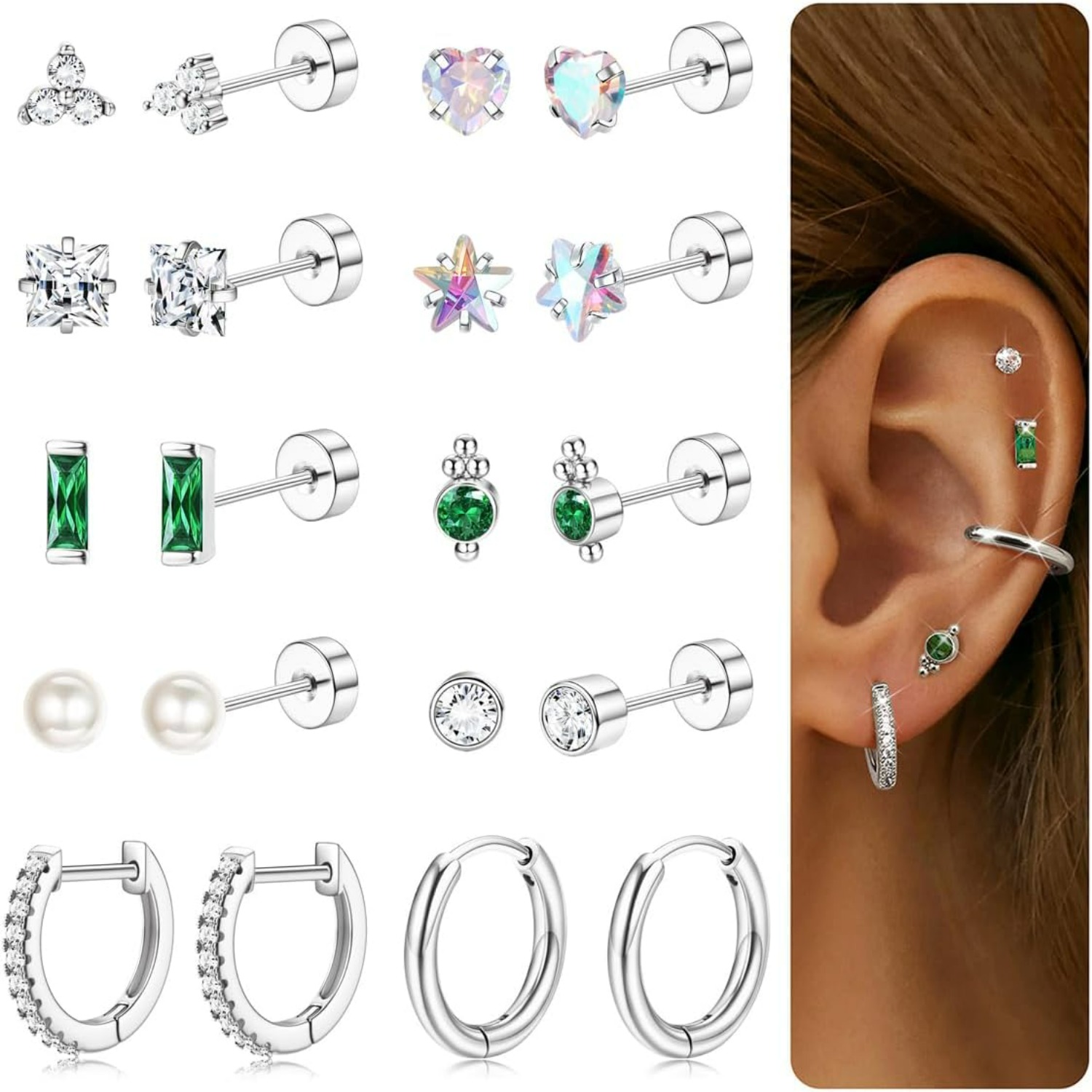 Image of 2d Flat - 10pairs Flat Back Earrings For Women Hypoallergenic Earrings For Sensitive Ears Cartilage Earring Sets For Multiple Piercing Trendy Flatback Earrings Studs Small Hoop