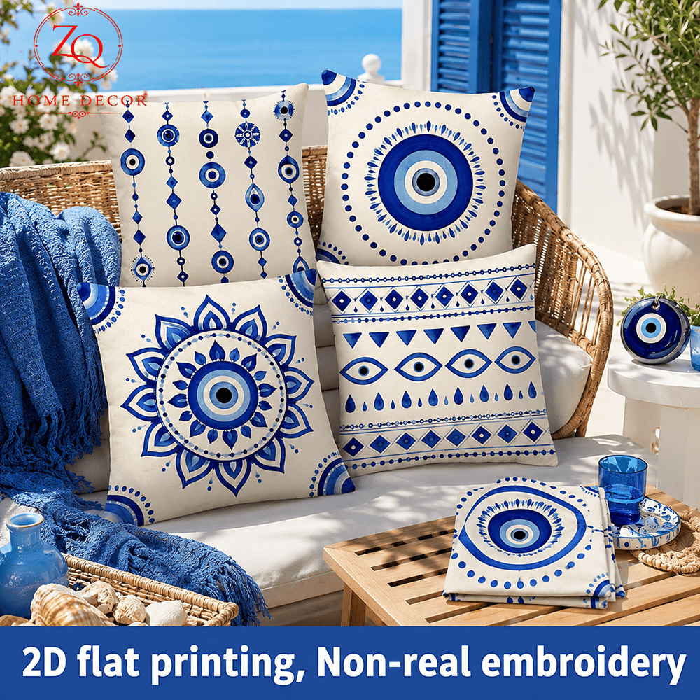TEMU Lot de 4 taies d'oreiller 2D à impression plate, Œil bleu et blanc grec contre le œil, Housses de coussin de style bohème pour canapé de salon,