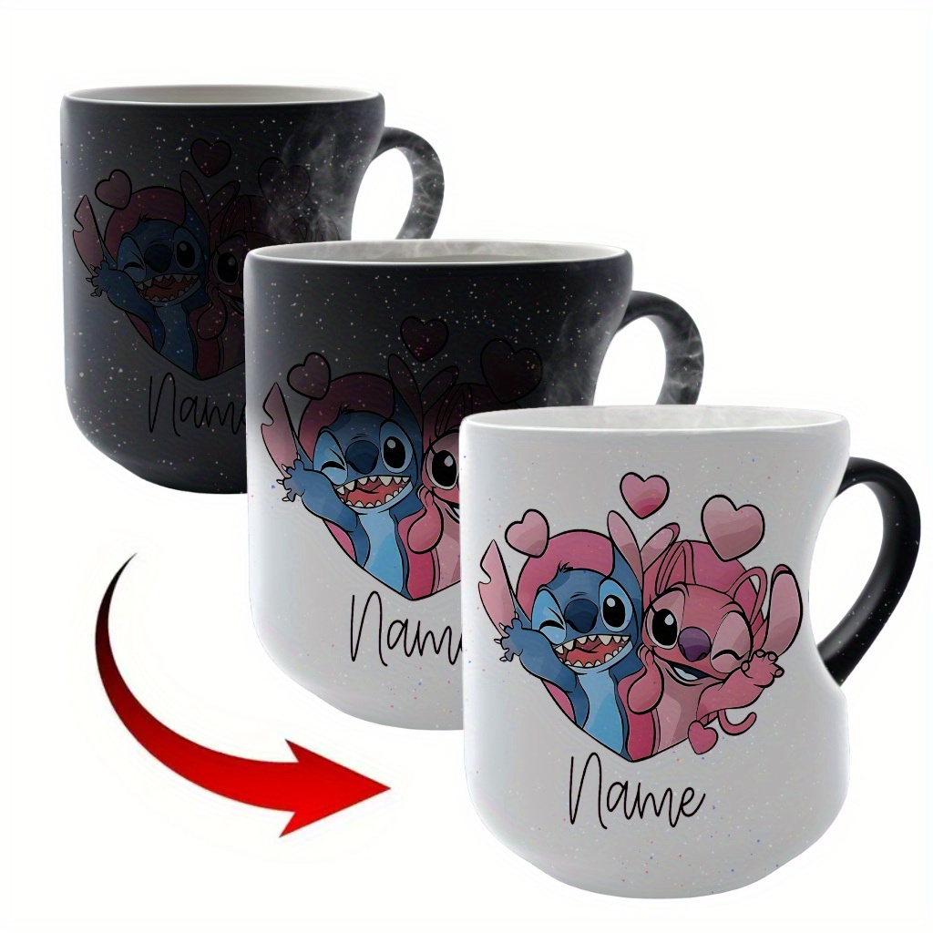 1pc Stitch & Hearts Customizable Name Color Changing Mug - 11oz Starry Sky Cup with Stitch & Hearts Design, Heart-Shaped Handle, Perfect for Birthdays, Christmas