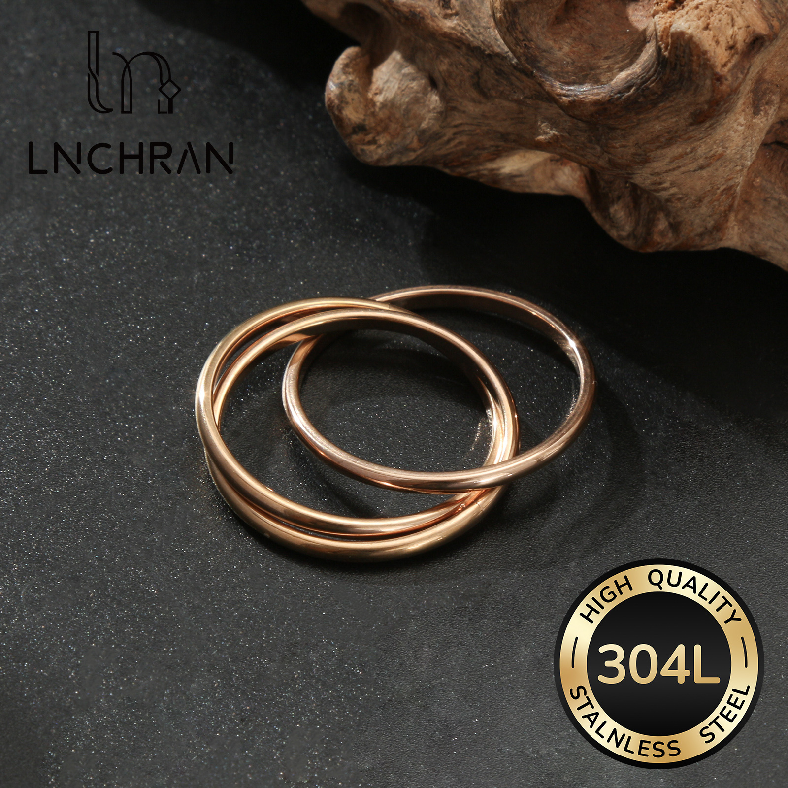 Image of 304l 304l 304l Stainless Steel Triple Ring Rose Golden Minimalist Luxury Style For Men And Women Versatile Daily Jewelry Couplering, Without Battery