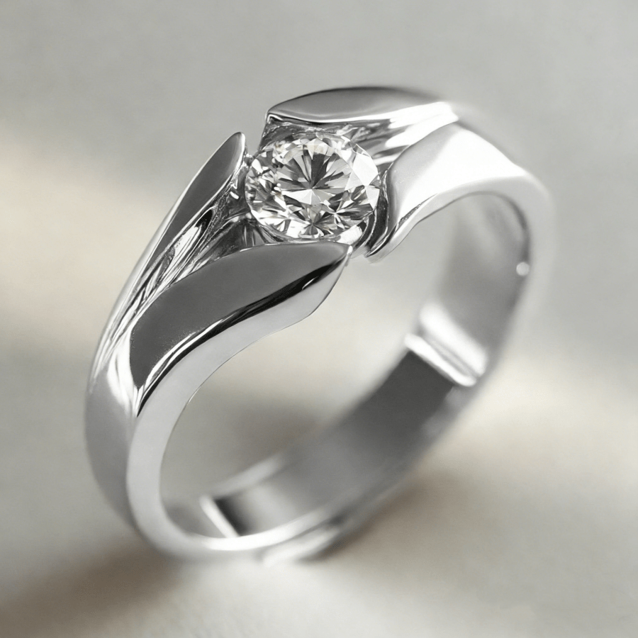 Minimalist White K-plated Copper Ring, Stone Is Inlaid With A Single Round Cubic Zirconia Stone, And The Unique Shape Shows Modern And Exquisite Texture - Party Jewelry Additions, Suitable For Women