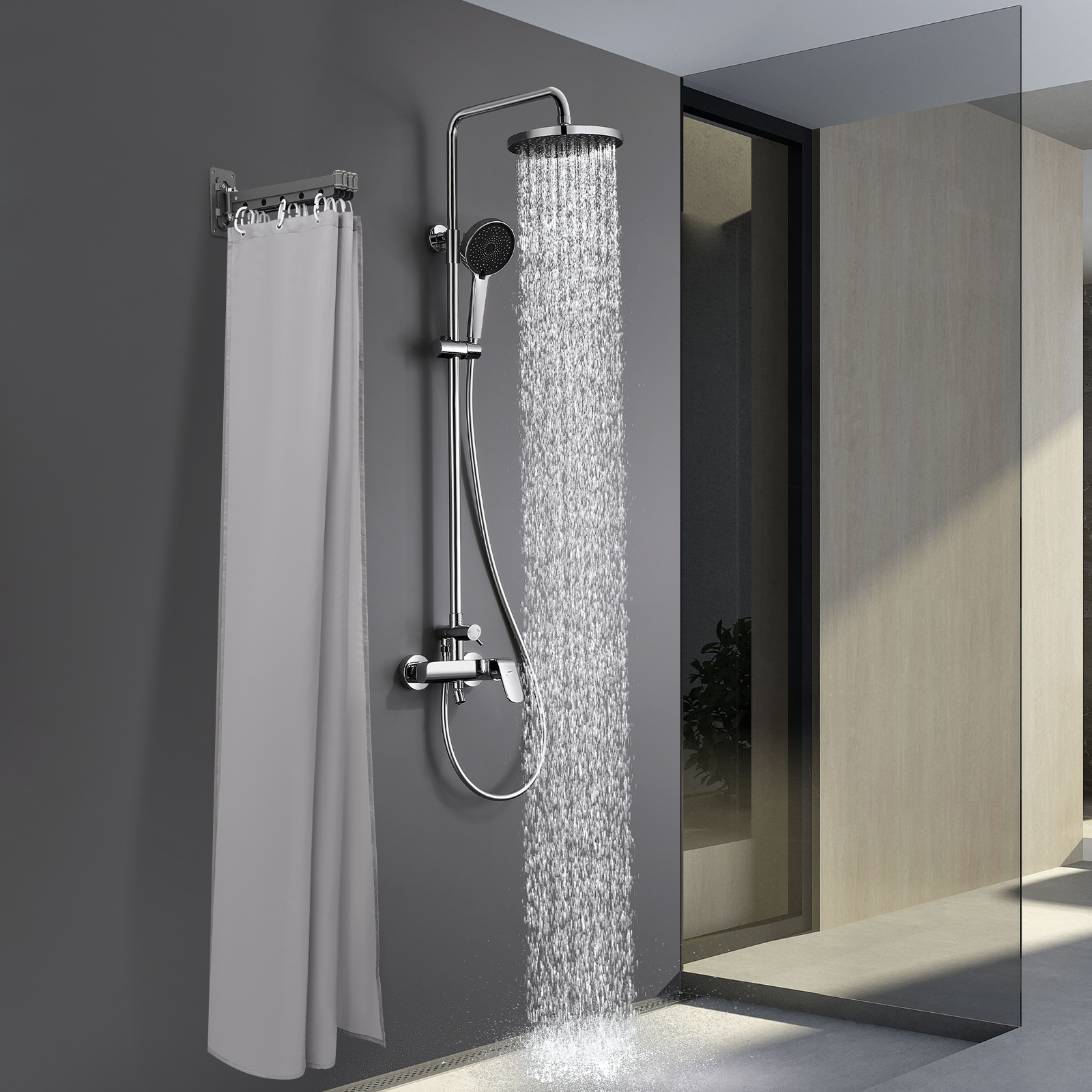 Image of Folding Shower Curtain, Gunmetal Gray, 5-fold Shower Rod, Suitable For Home, Bathroom, Shower Room