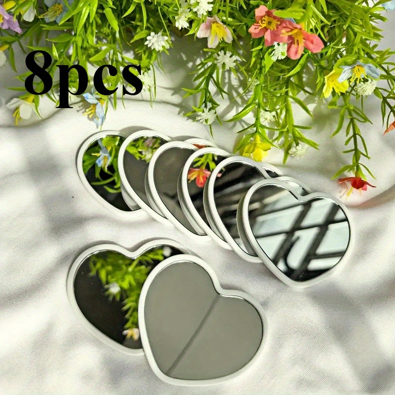 8pcs Heart-shaped Portable Mirrors - , Pink, White, Black Frames, Polished Surface, Makeup, Travel & Home Decor, Decorative Wall Mirror