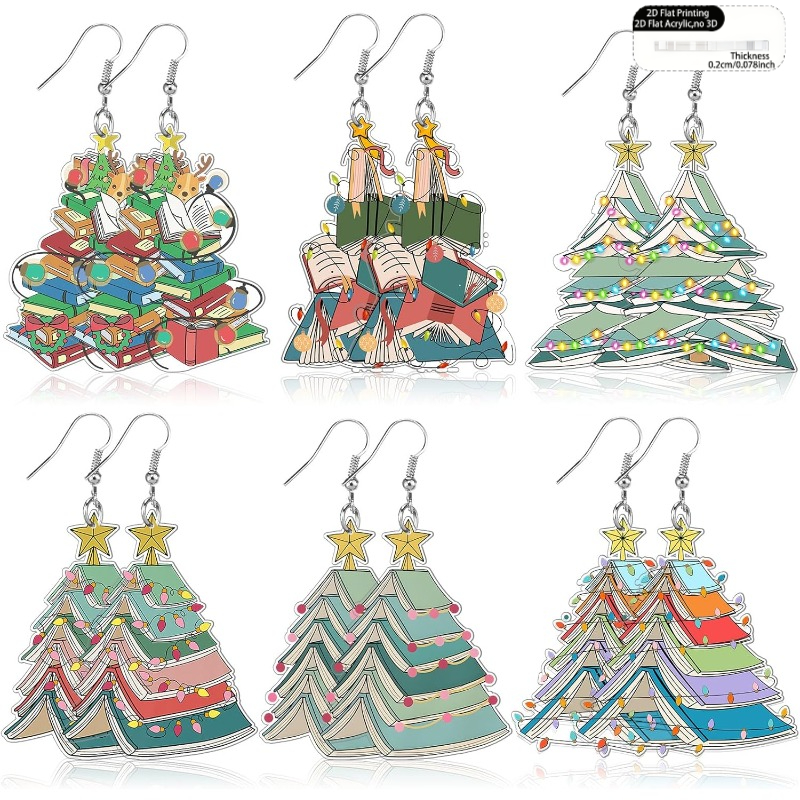 TEMU 2d Flat, 2d -pair Women's Christmas Tree Earring Set, Creative Holiday Earrings, Colorful Christmas Tree And Book Stack Design, Lightweight