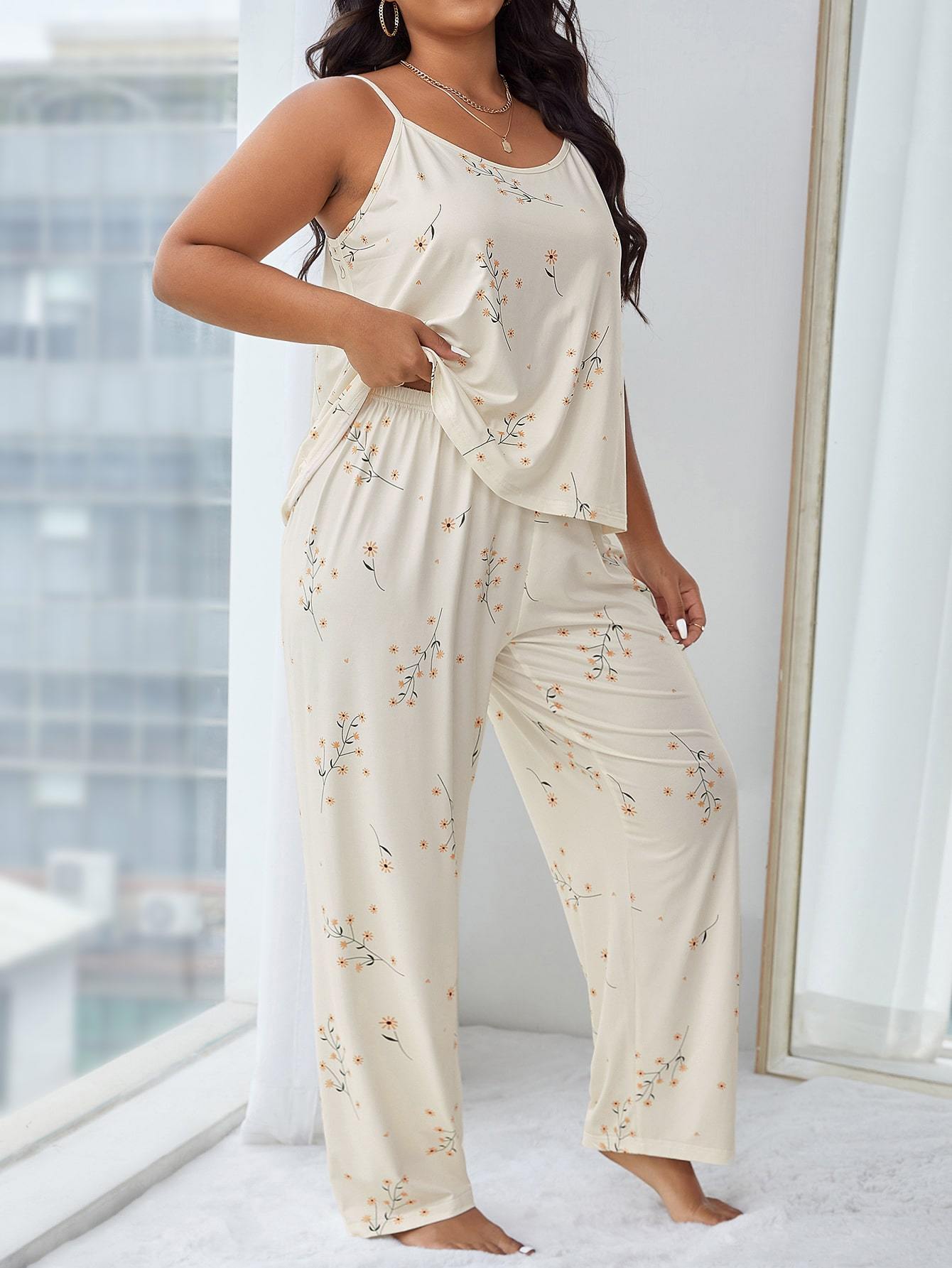 plus size womens pajama set camisole wide leg pants with   pattern   suitable for summer Product details 0