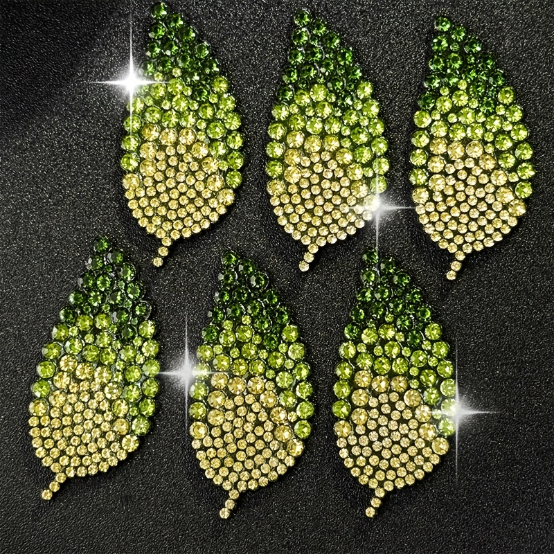 TEMU 6pcs Yellow-green Gradient Glitter Rhinestone Leaf Iron-on Beaded Applique Patches, Green Rhinestone Leaf , Beaded Sew-on Transfer Patches,