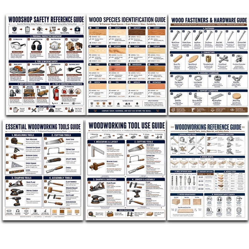 TEMU 6pcs Woodworking Guide Poster Set Suitable For Hobbyists & Professionals - Charts, Tool Reference, Safety Rules, Wood Tables & Hardware Charts -