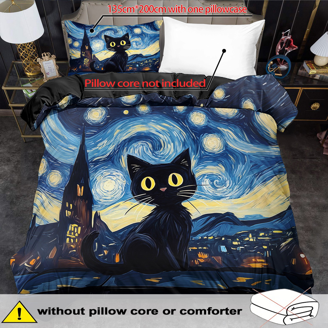 E-shop 2/3-teiliges Bettbezug-Set, Bettbezug-Set mit schwarzem Katzen-Aufdruck, Bettwäsche im King- Queen-Size-Stil, maschinenwaschbar aus Polyester,