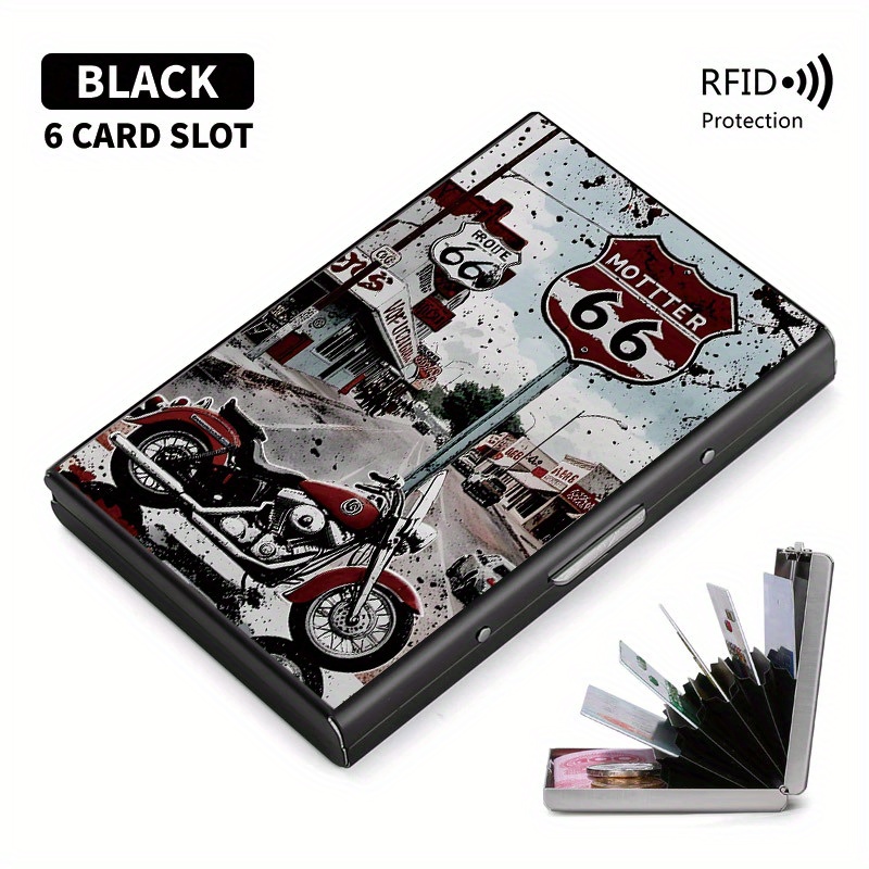 TEMU Men's High-end Stainless Steel Rfid Anti-theft Card Holder With Motorcycle And Design - Stylish Black Metal Wallet, Multifunctional Compartment