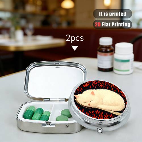 2pcs cat silver adjustable popular pattern metal storage box for medication one has 3 compartments while one has 2 compartments its a compact and portable pill organizer