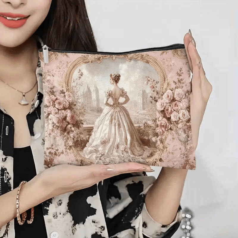 TEMU Pull Of The 1pc Makeup Bag Comes In Random Colors, Usually Black Or Silvery. This French Vintage Rose Print Makeup Bag Is An Elegant And Artistic Portable Storage Solution, Perfect For Women'