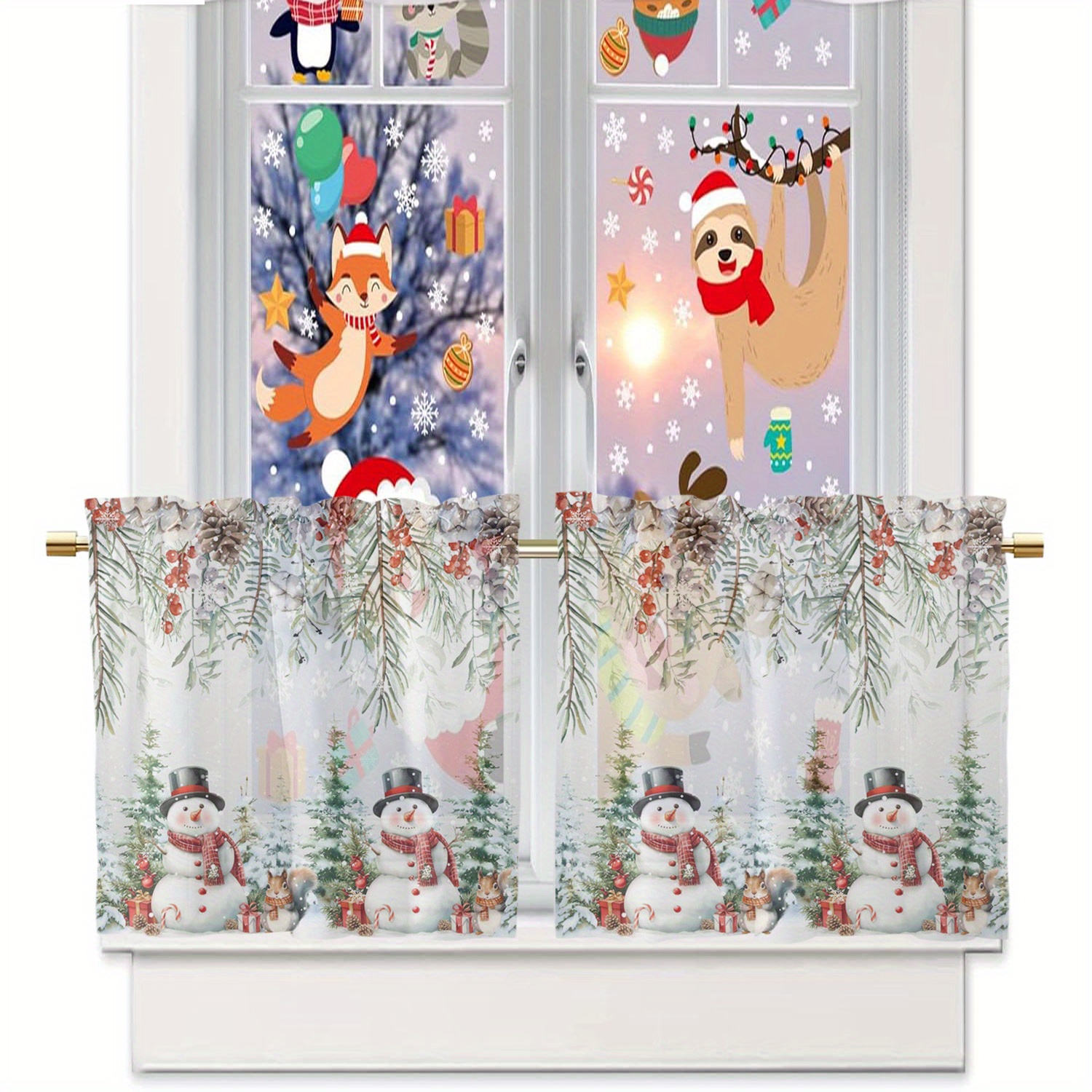 TEMU 2pcs Christmas Snowman Eucalyptus Leaf Berry Sheer Curtain Set, Rod Pocket Decorative Curtains, Semi-transparent Light Filtering Sheer Window