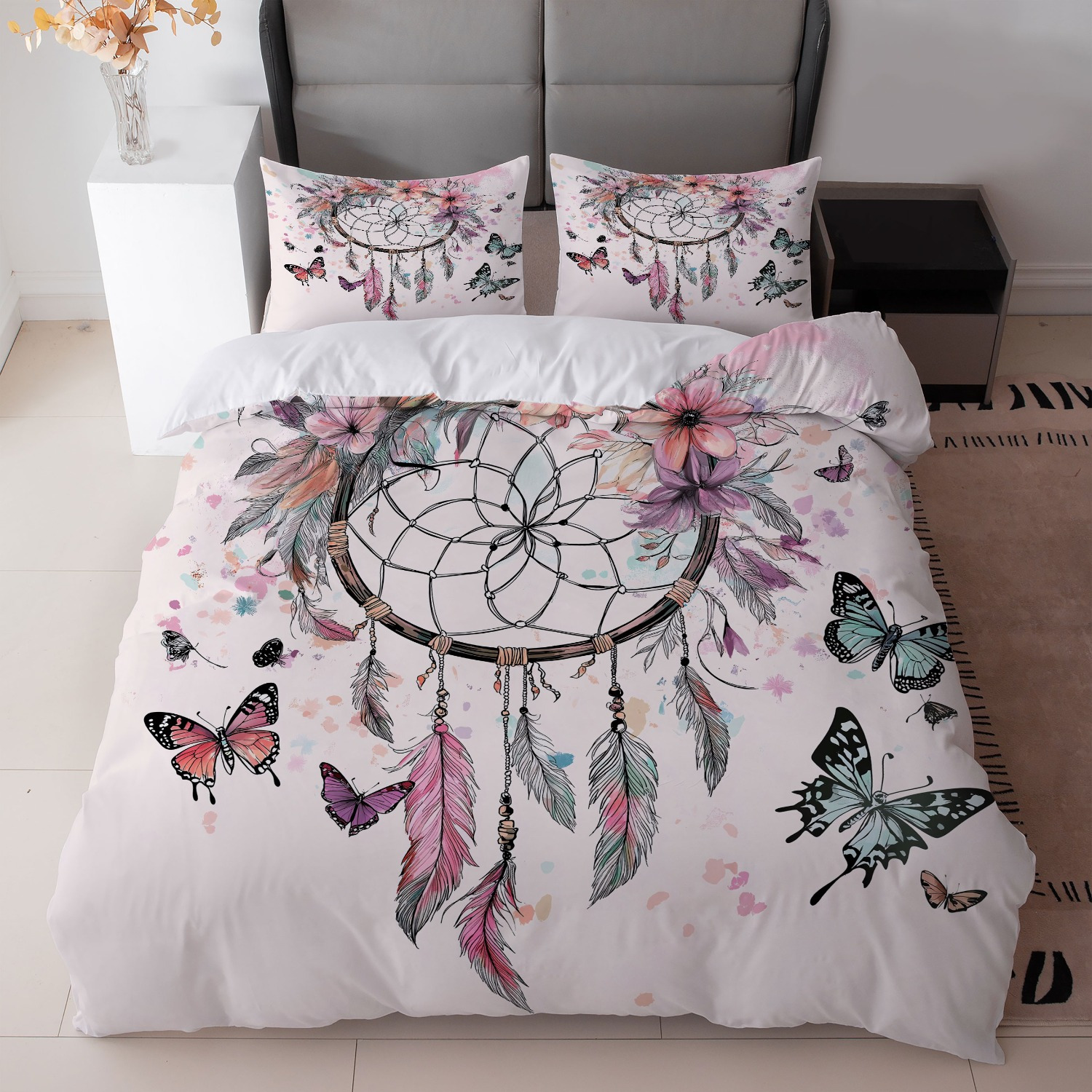 TEMU Ensemble de Literie Blanc Style Bohémien 3 Pièces avec Imprimé Attrape- et Papillons (1 Housse de Couette + 2 Taies d'Oreiller, Noyau) pour la
