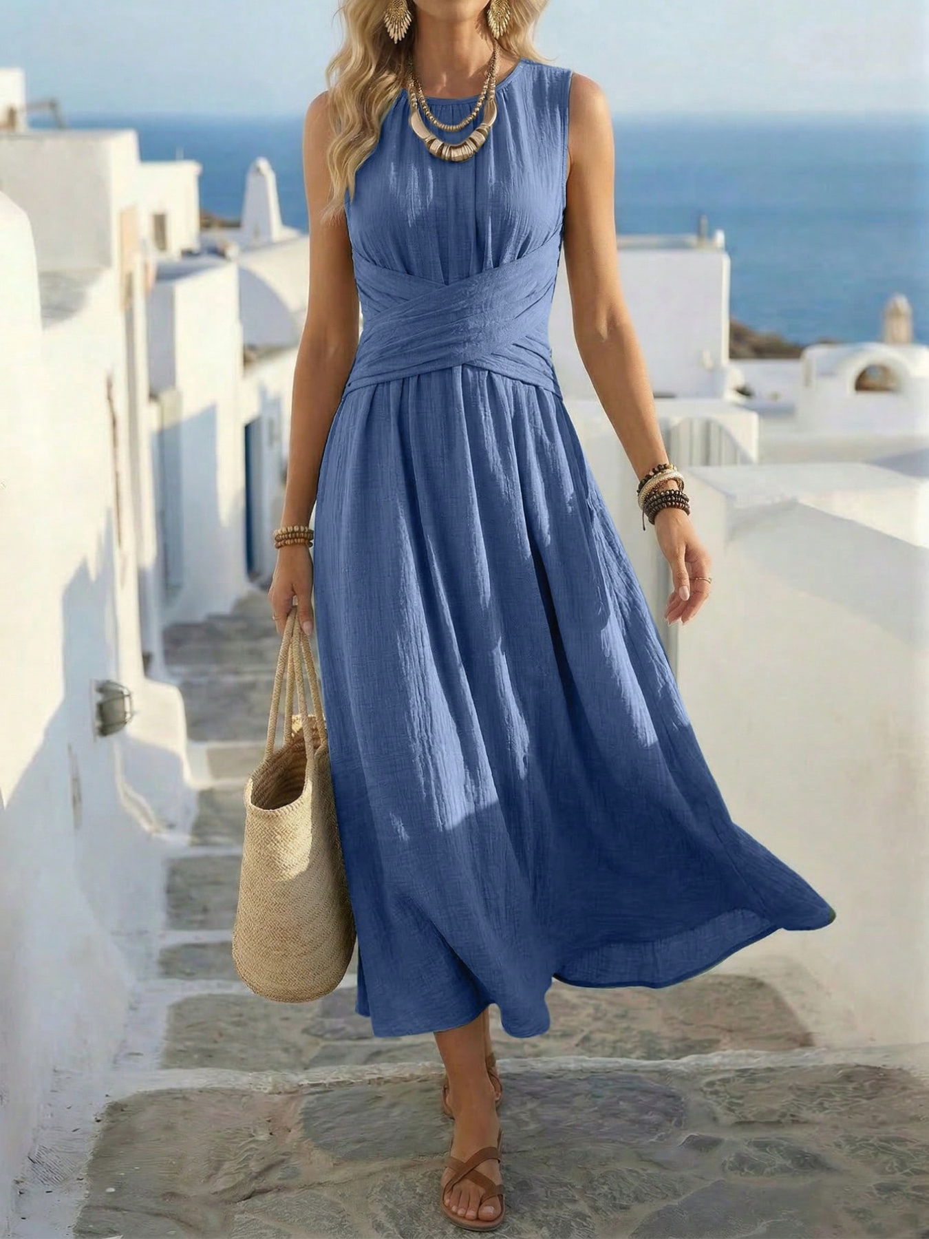 casual midi dress for summer Women's Plus Size Floral Ruffle Sleeve Belted Dress with Pockets while the midi length creates a graceful silhouette Light Blue Midi Summer Dress