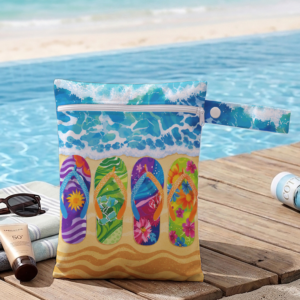 TEMU 1pc Colorful Flip Flops Print Wet Dry Bag, Summer Ocean Sand Themed Wet Dry Bag, Reusable Zippered Swim Pouch, Portable Swimsuit Storage Bag For