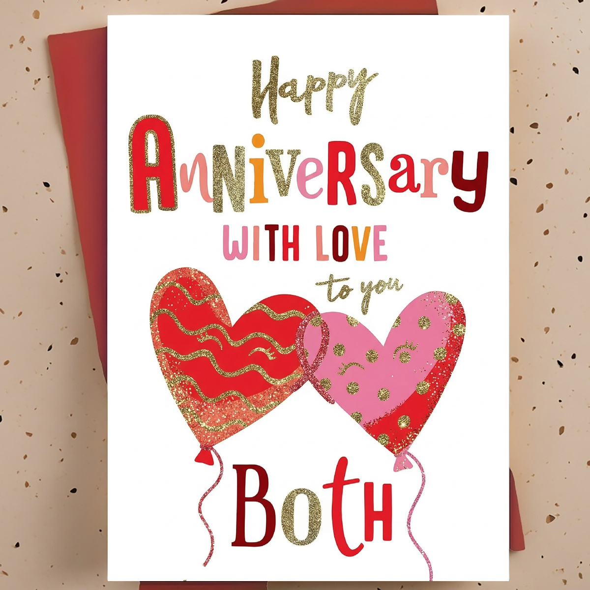 TEMU 1 Anniversary Card With Envelope, - "happy Anniversary To Of You" Design, Featuring Colorful Hearts And Balloons - High-quality, Humorous