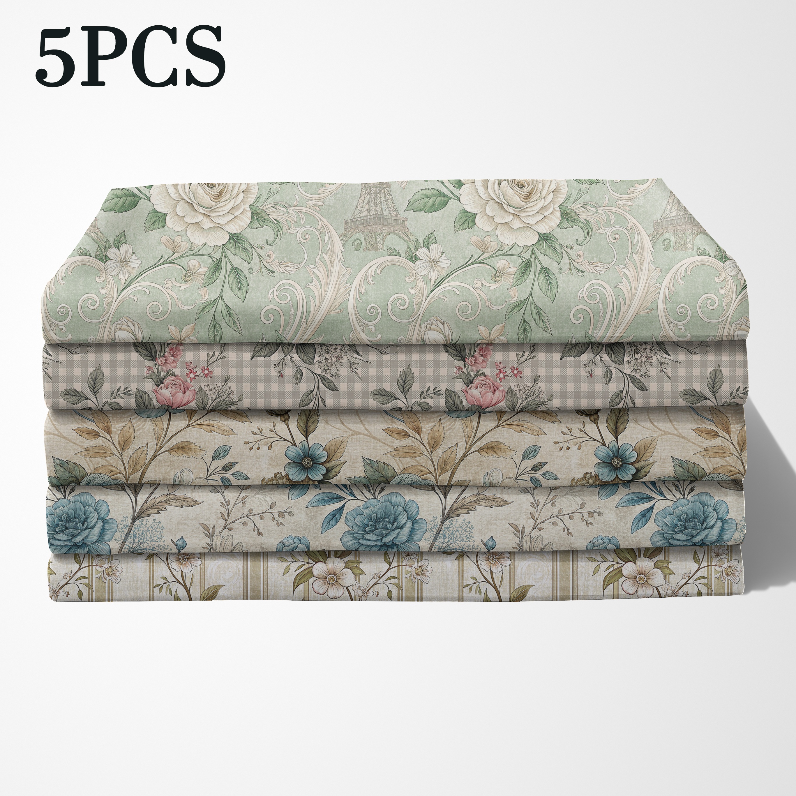 TEMU Lot de 5 panneaux de tissu Fat Quarter style française - Matériau de patchwork et de couture pré-découpé avec 5 (, rayures verticales, Eiffel,