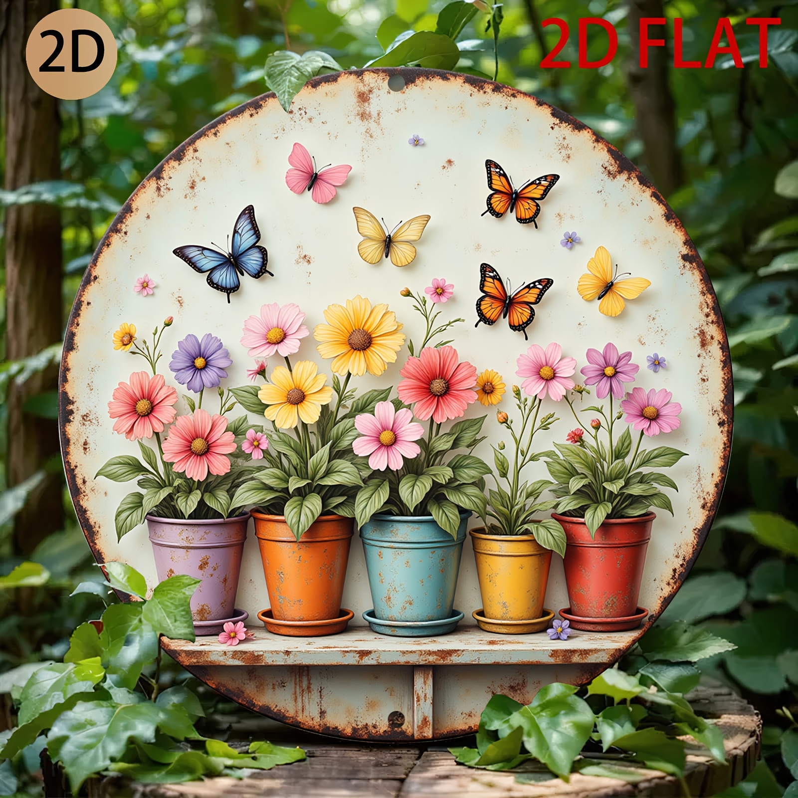 TEMU 2d Flat Country Style Wooden Wall Art With Vibrant And – Round Garden-themed Decor For Home, Living Room, Or Patio, Indoor Outdoor Use, Outdoor