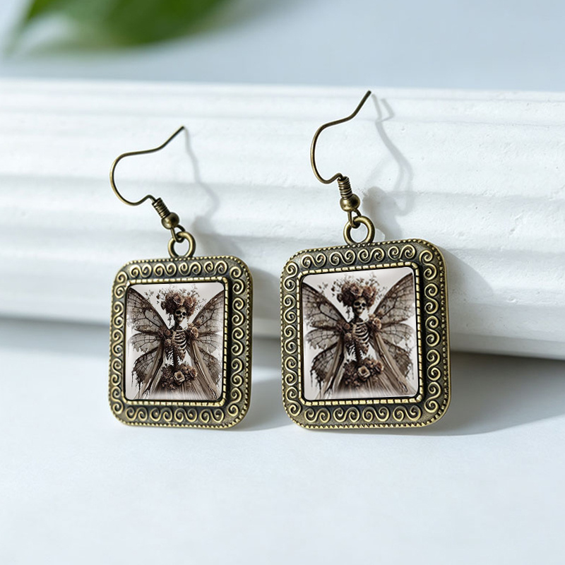 Gothic Vintage Glass Dome Butterfly Wing Dangle Earrings