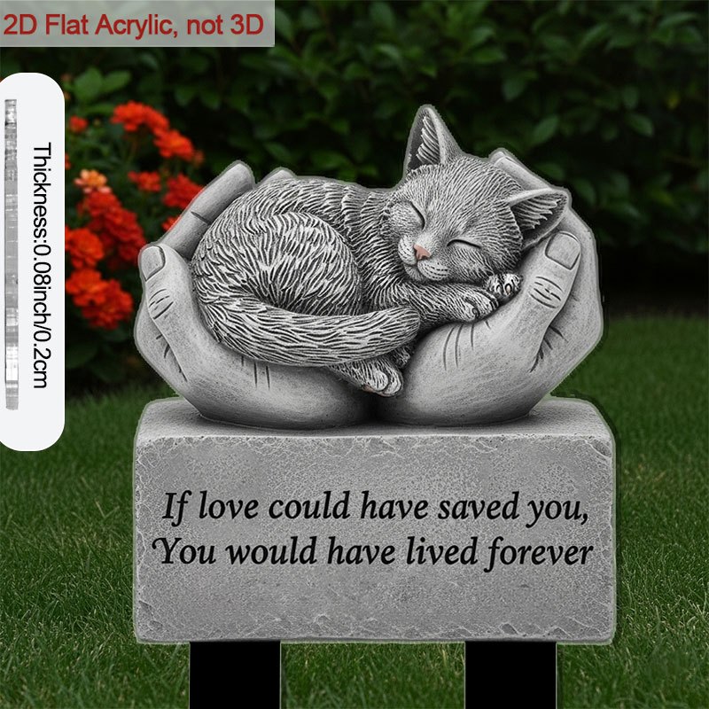 1pc 2d Flat Memorial Items For Cemetery With Stakes, 9.06 In Acrylic Commemorative Tribute Stake Cat Sleeping In Cupped Hands Graveside Memorials, Outdoor Tribute Plaques, Sympathy Garden Decor
