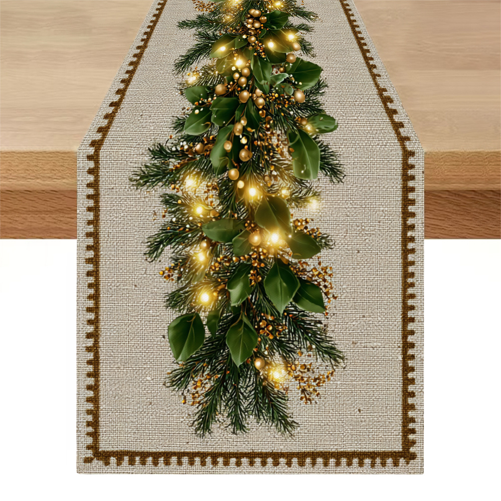 TEMU 1pc, Christmas Pine Branch Patterned Printed Table Flag, Festive Tablecloth For Christmas, Designed To Create A Celebratory Atmosphere, Made Of