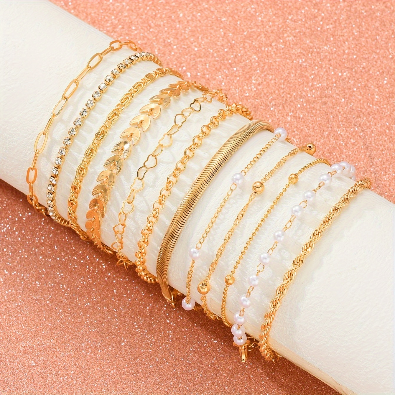 12pcs Golden Imitation Pearl Layered Chain Bracelet Set