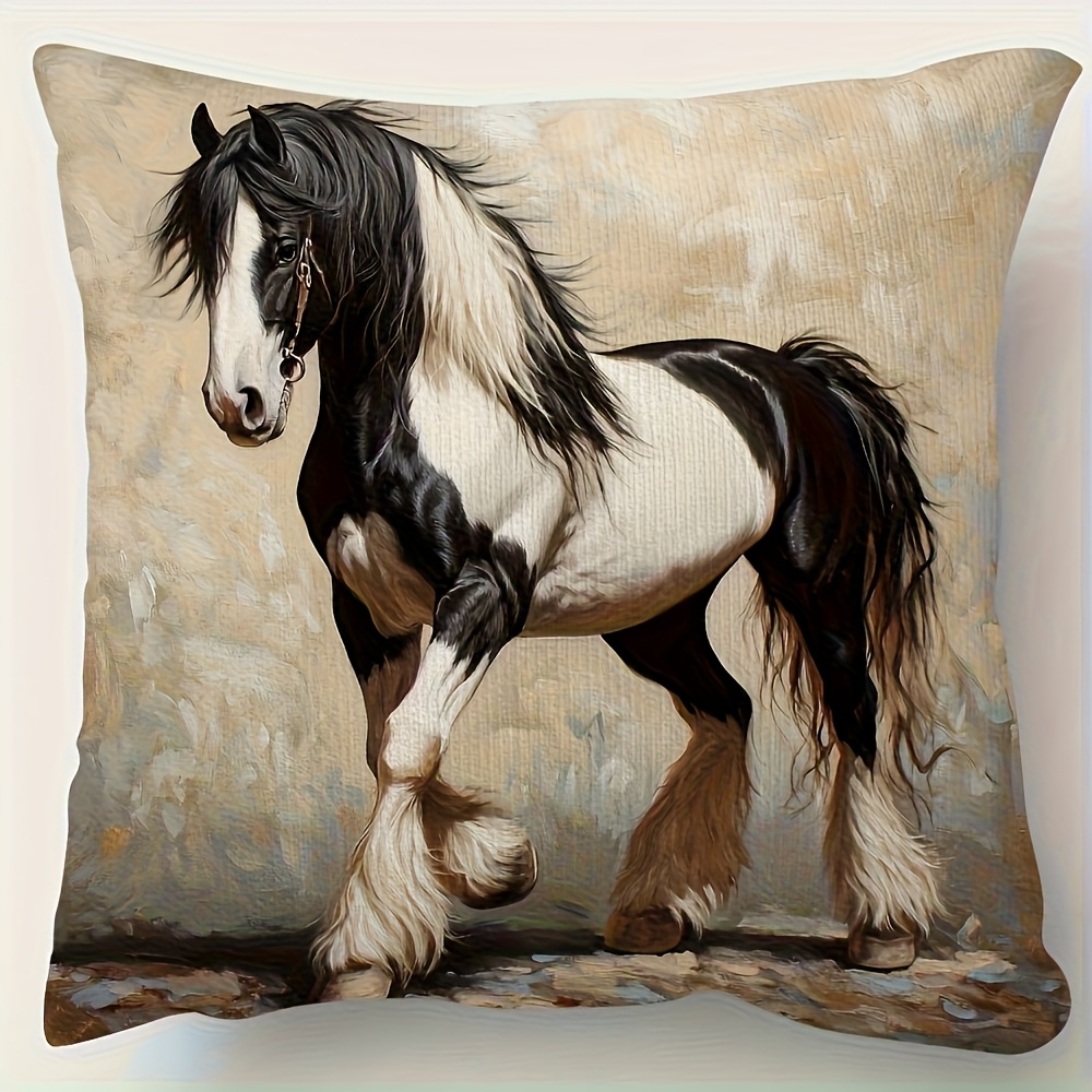 TEMU 1pc Pillow Cover With Vivid Horse Pattern - Perfect For Christmas, Thanksgiving, New Year, Halloween; Soft Smooth Polyester Plush Fabric,