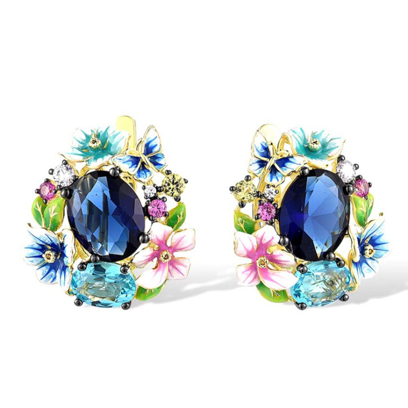 E-shop 1 Paar Damen Mode Creolen Retro Luxus-Einlage blaue synthetische Zirkonia Ohrringe für Damen für Freizeit Party buntes Blumendesign Ohrringe