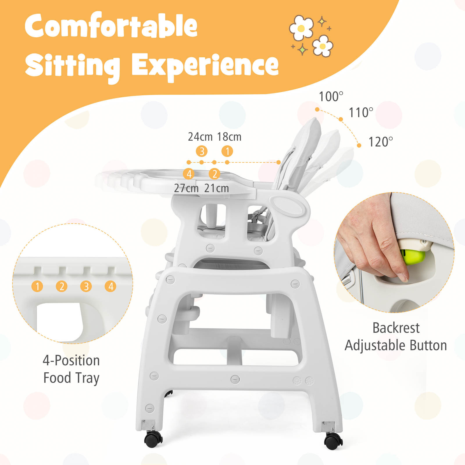 LIFEZEAL 3-in-1 Convertible Feeding Rocking Chair High Chair Table Set, Heavy-Duty 300lb Capacity with Booster Seat & Removable Tray, Adjustable Height, 5-Point Harness, Foldable Design, 360° Swivel, Safety Lock & Non-Slip Base, BPA-Free - Image 9