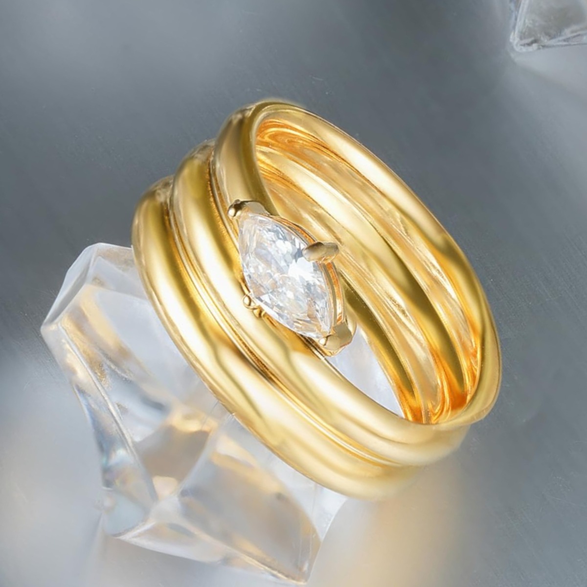 Golden-Tone Multi-Band Solitaire Ring, Luxury Statement