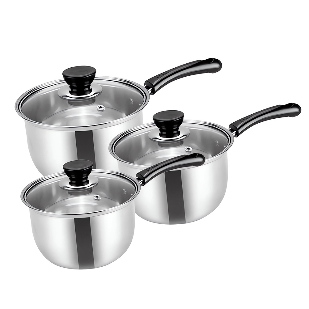 3pcs Stainless Steel Pans Set, Induction Pot And Pan Set With Glass Lids, Includes 16cm, 18cm & 20cm Saucepans, Cookware Set Compatible With Induction, Gas And Electric