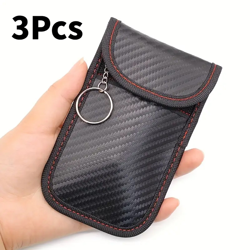 TEMU 3pcs Set Of Rfid Signal Blocking Key Pouches - Carbon Fiber Style Faraday Bags, With Key Rings And Card Slots, Anti-theft Car Key Protector,
