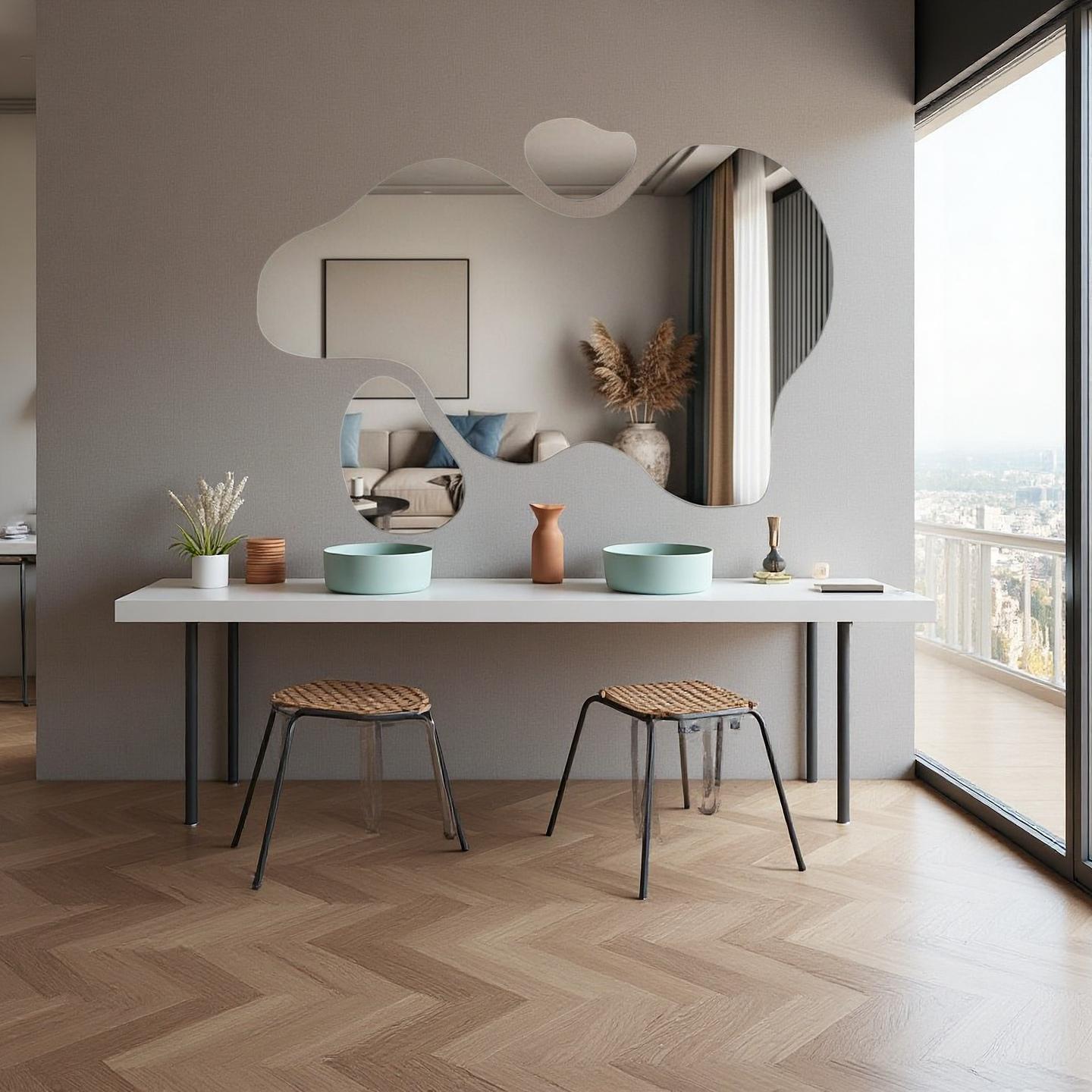 3pcs Set Featuring Irregular Geometric Shapes with Artistic Tension. The Beveled Edges Showcase Exquisite Polished Craftsmanship, While the Frameless Design Enhances Simplicity and Elegance. High-definition Mirror Provides Clear, Distortion-free