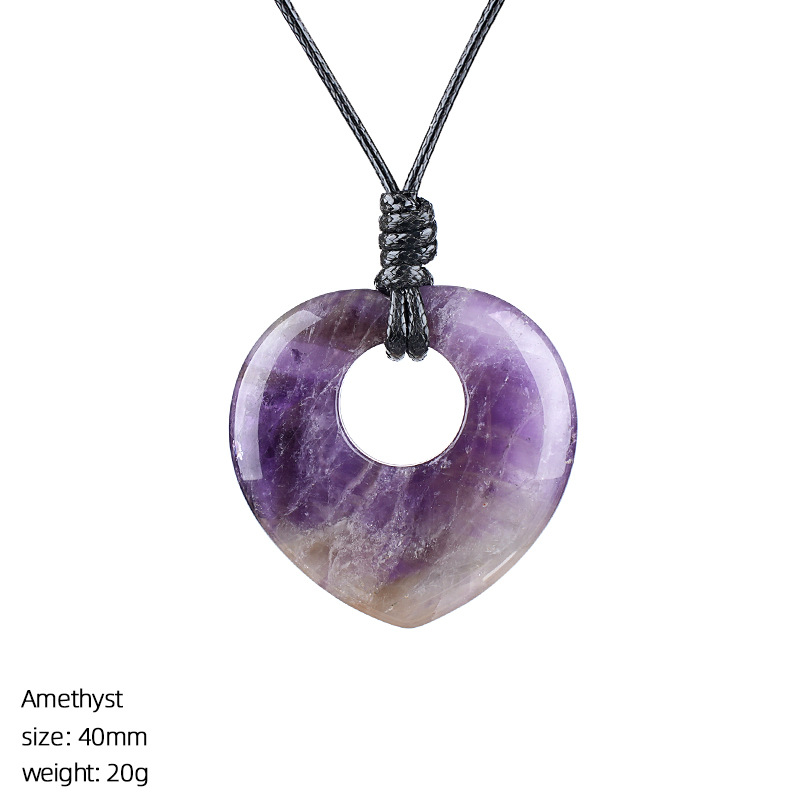 TEMU 40mm 1pc Natural Stone Crystal Carved Rough Stone Heart-shaped Pendant Necklace Hand-woven Adjustable Necklace