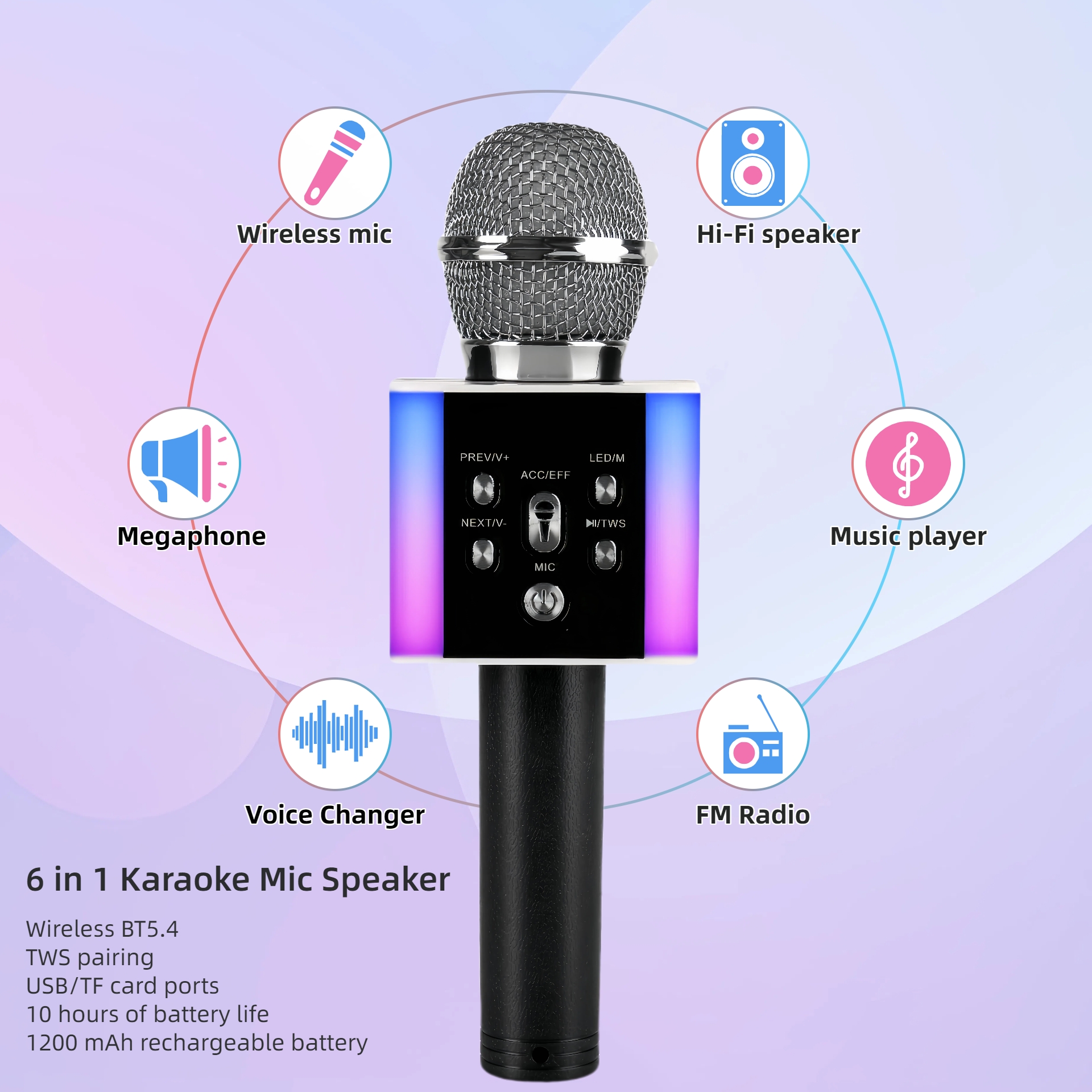 TEMU 6-in-1 Wireless - Big Wireless Speaker, Led Lights, Voice Changer, Pairable - Portable Singing Mic For Family, Birthday, Parties, Car Trips,