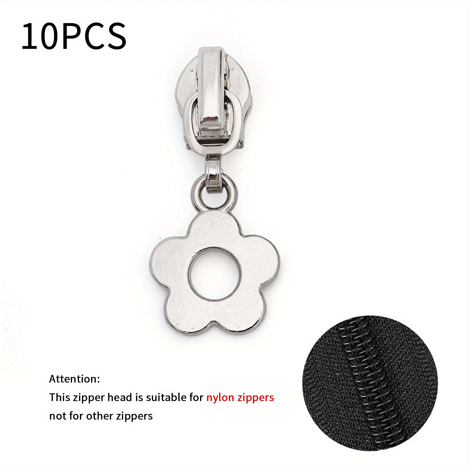 10pcs, 5 # Nylon Zipper Head, Silvery, Cute Flower Shape, With Clothing, Backpacks, Sewing Replacement