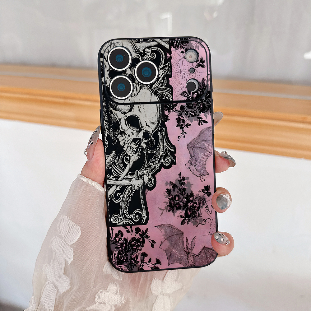 TEMU Phone Case - Aesthetic Phone Case Featuring A Gothic , Bat, And Floral Collage, Designed For For Iphone Including 17, 16, 11, 15, 14, 13, And 12