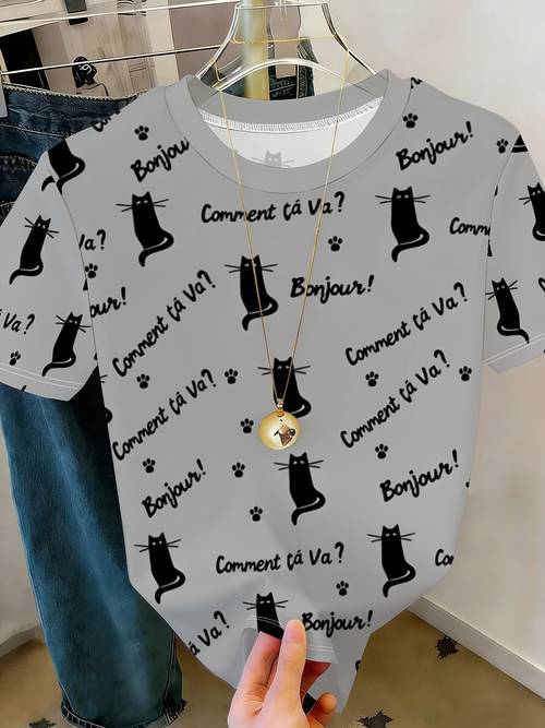 item picture womens round neck short sleeve printed top with cat pattern fashionable and versatile for daily wear comfortable and breathable suitable for shopping dates and parties a perfect gift
