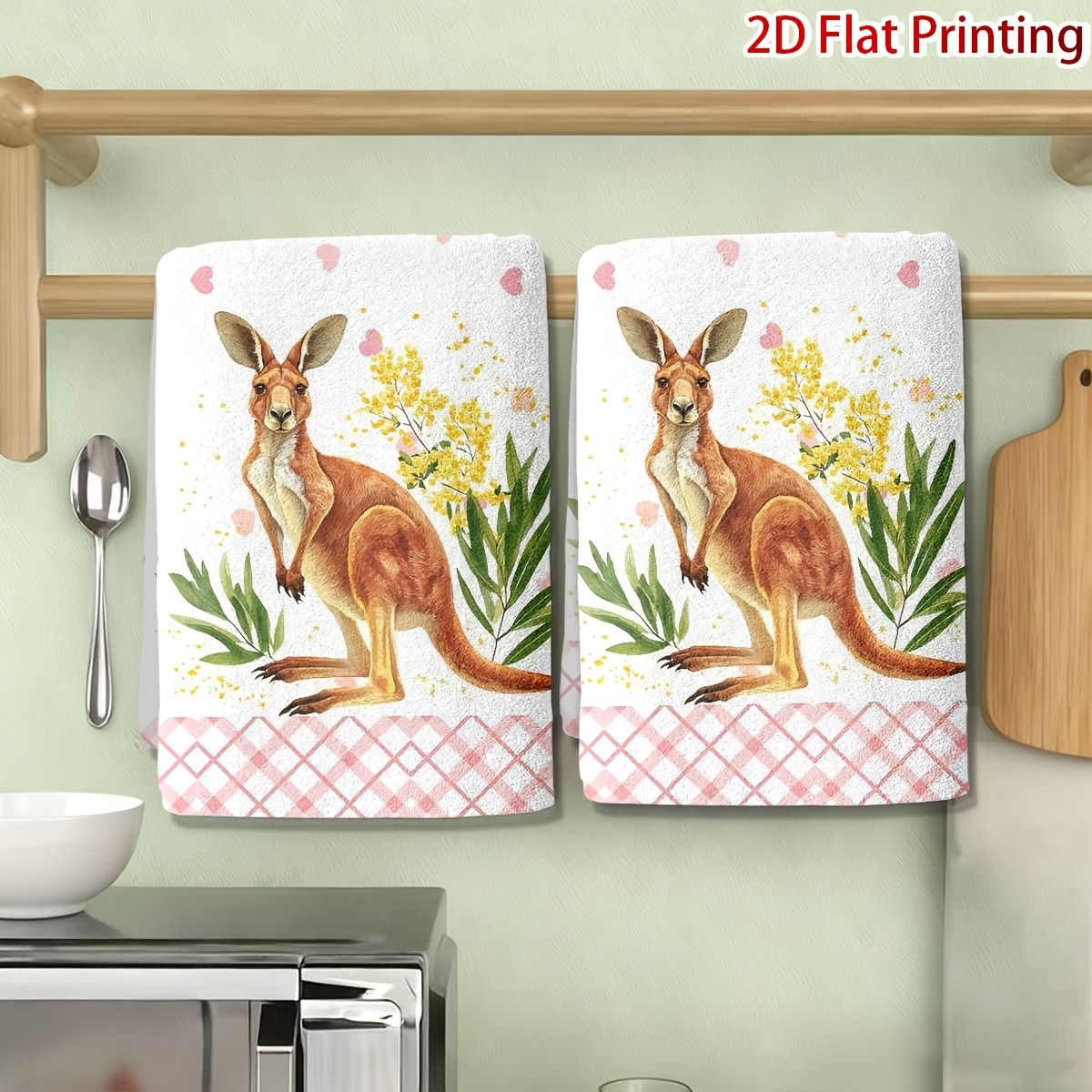 TEMU 2pcs Kangaroo-themed Kitchen Towels Suitable For Dish Cloths & Bar Cleaning, Rectangular With Kangaroo Print, Decorative Dish Towels For,