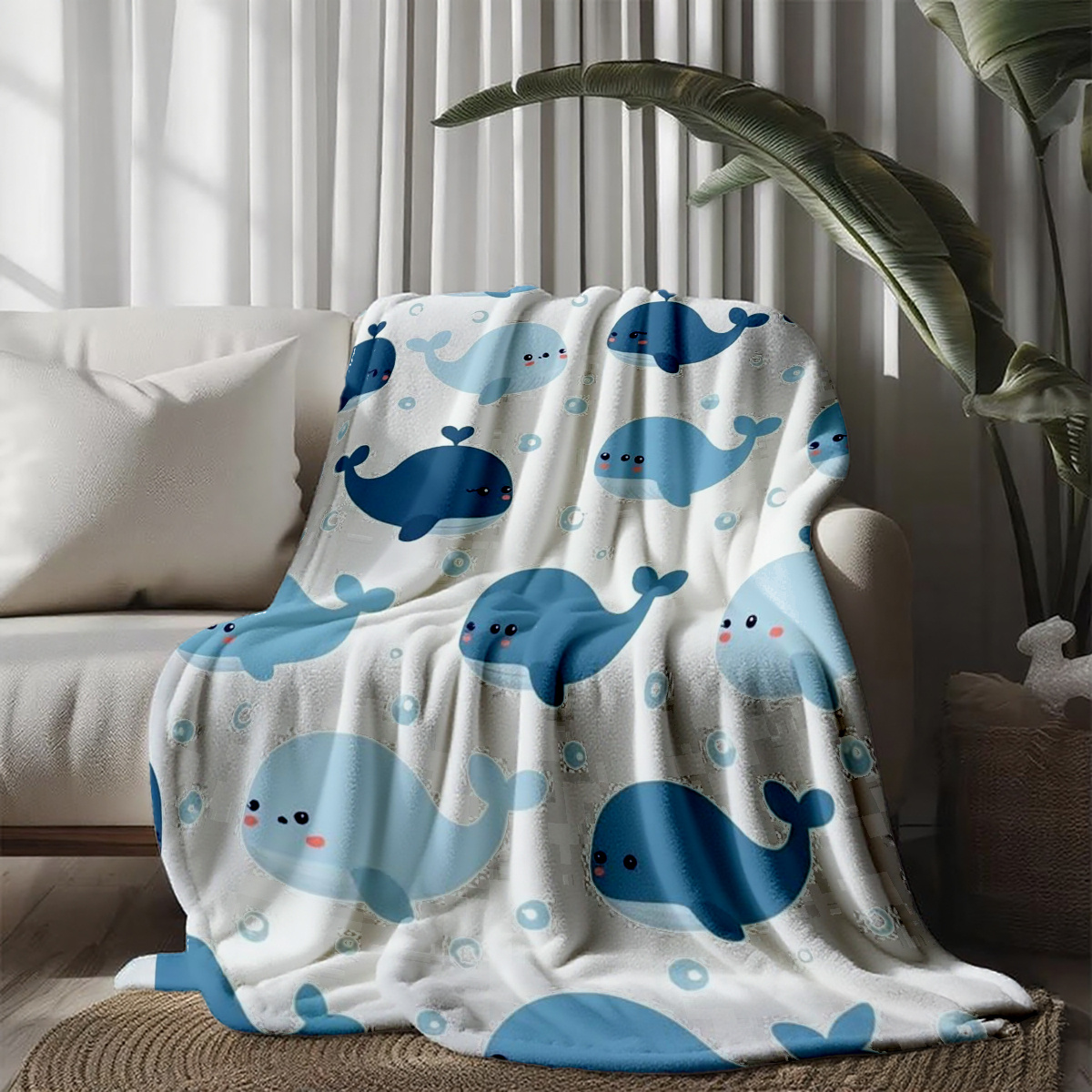 TEMU 1pc Fleece Blanket, Cute Whale Print Pattern, Durable And , Suitable For Sofa Bed Travel Camping Home Decor, Adult Use