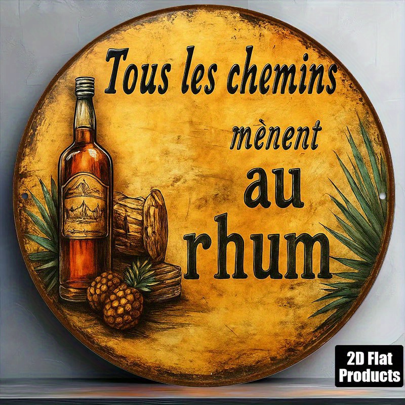 TEMU Décoration Murale Plate 2D en Bois, 1pc Thème Français Vintage - 8"X8" (20X20Cm) Panneau de Bar Rétro Rond, Convient pour Cave à Vin Maison,