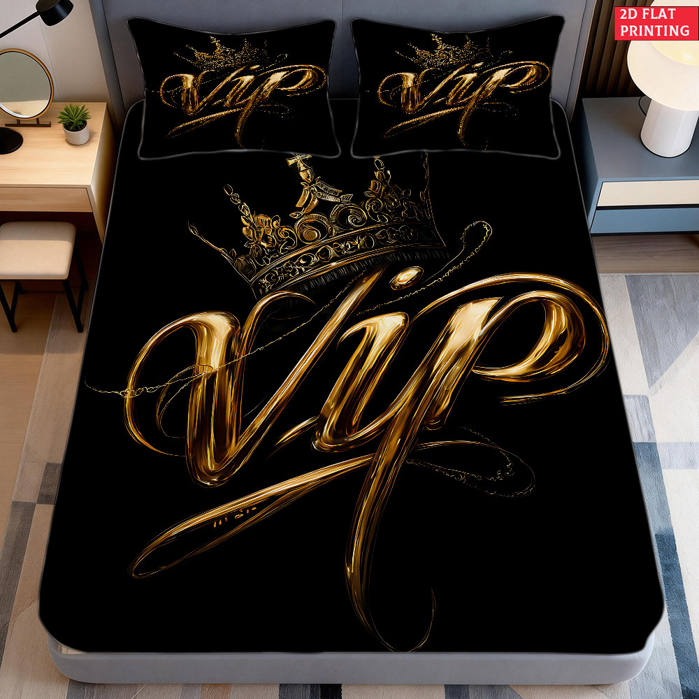 TEMU 2/3pcs 2d Flat Printing Fitted Sheet Vip Golden Bedding, For Bedroom Decoration(1*fitted Sheet+1/2*pillowcases.without Core)., 2d Flat