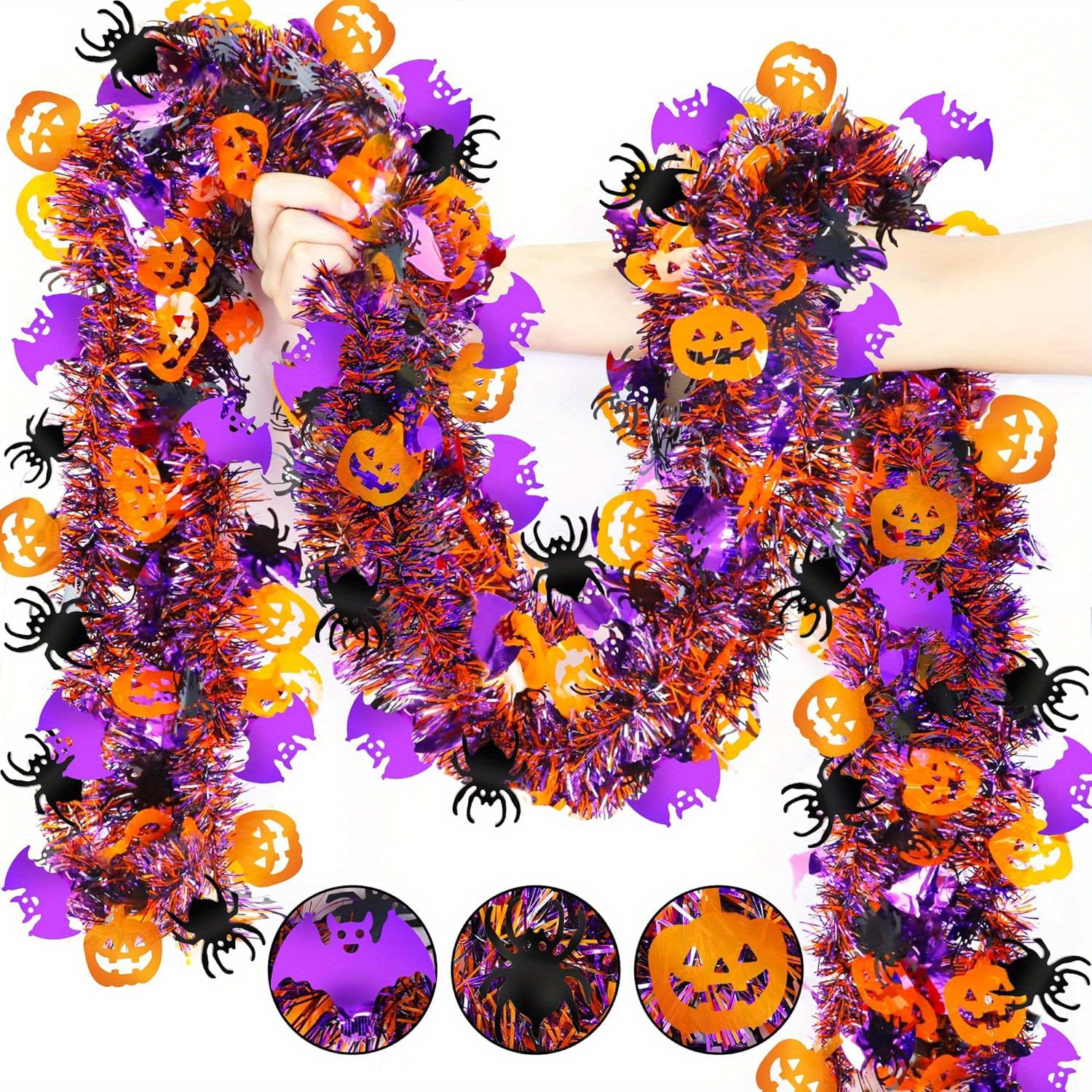 TEMU 19,68 meter lange Halloween Tinsel Garlands met oranje pompoenen, zwarte spinnewebben en paarse vleermuizen - Glanzende metalen twist garlands
